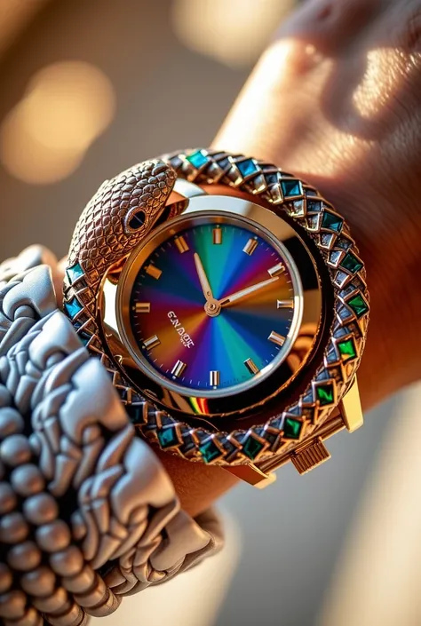 A close-up shot of a woman's watch with intricate snake design wraps around her wrist. The camera focuses on the delicate curves and scales of the reptile-inspired timepiece as it glimmers in the warm light. The watch face is a vibrant display of colorful ...