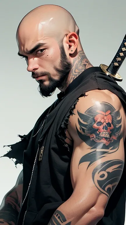 man, nordico, bald, black beard,  torn clothes, sword, scary scenario,  killer ,  high details, tattoos.