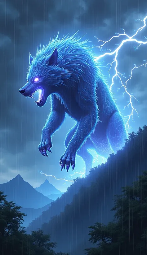 A hyper-realistic illustration of Raiju, the legendary creature from Japanese mythology made of lightning and fire. Raiju takes the form of a massive wolf with fur that appears to be composed of pulsating, crackling electricity, glowing in shades of blue a...