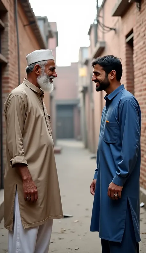 The image shows two men standing in a narrow alleyway, having a conversation. One is an old man with a white beard and a cap, wearing a khaki panjabi and white pyjamas. The other is a younger man with a smile on his face, wearing a blue panjabi and pyjamas...