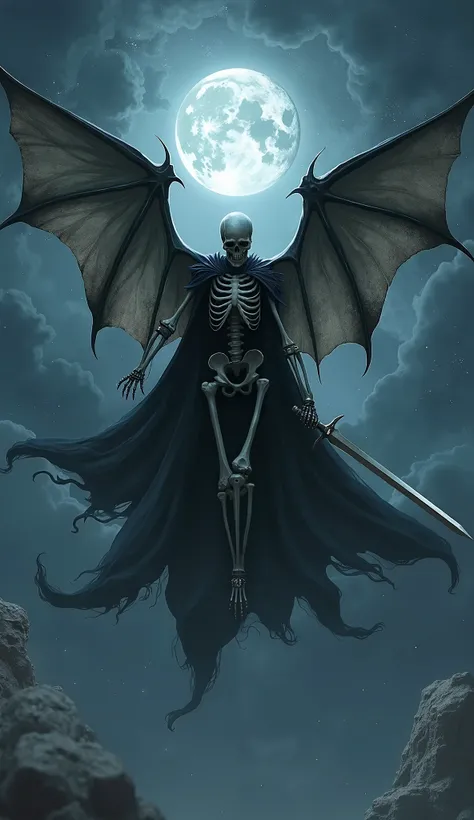 A skeleton with bat wings,  with a black cape ,  with a sword in her hand, He's falling from the sky, The sky is having an awakening, at night