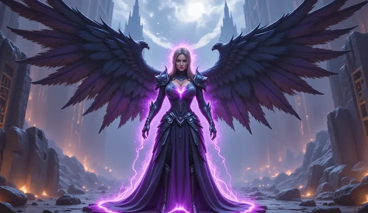 A formidable warrior queen stands at the heart of a colossal fortress, suspended in a dimension beyond time and space. She wears imposing black armor with swirling purple energy encircling her, emanating a dark, powerful aura. Her mechanical wings glow wit...