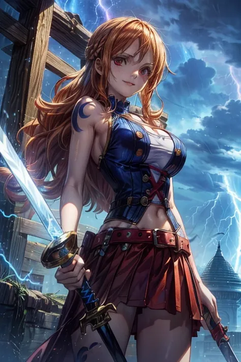 (最高 Masterpiece,  top quality, 4K, 8k,  high resolution, Masterpiece:1.2), Nami in One Piece,smile, big breasts,( paladin),Tattoo on left shoulder,Miracle,Power Spot, fantastic world, White Light Spot,(Make the Holy Sword stand out), She's on an adventure ...