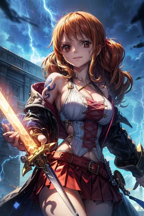 (最高 Masterpiece,  top quality, 4K, 8k,  high resolution, Masterpiece:1.2), Nami in One Piece,smile, big breasts,( paladin),Tattoo on left shoulder,Miracle,Power Spot, fantastic world, White Light Spot,(Make the Holy Sword stand out), She's on an adventure ...