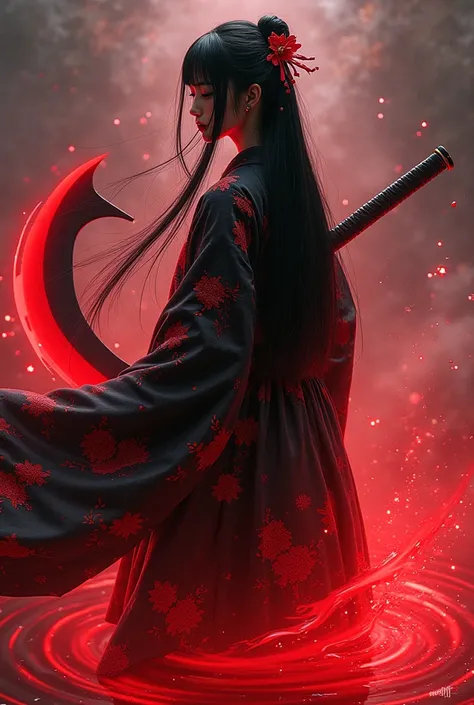 An artistic and abstract depiction of a female swordsman with jet-black, straight, long hair, standing above a mesmerizing pool of crimson energy that radiates dynamic waves. She wields a massive blood-hued scythe, its aura intertwining with the swirling p...