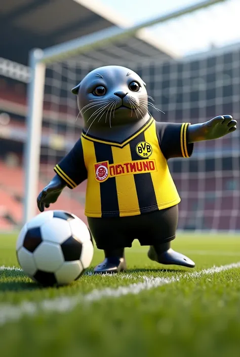 Seal in a dortmumd kit kicking a ball into the net