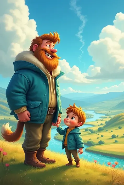 A whimsical scene featuring a friendly giant named Jasper with a bright blue jacket, smiling warmly as he holds a small boy named Benny gently in his hand. They stand on a grassy hill overlooking a vast, beautiful landscape with sparkling rivers, golden fi...