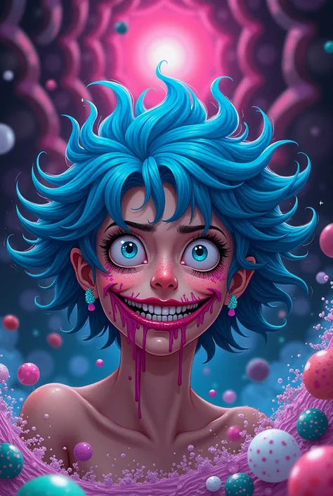 " An illustration of Azucarilla ,  the vibrant candy warrior ,  trapped in a state of cosmic madness .  Their blue hair is messy and floating as if You were immersed in an endless nightmare . his eyes, dilated and empty ,  reflect an indescribable horror ,...