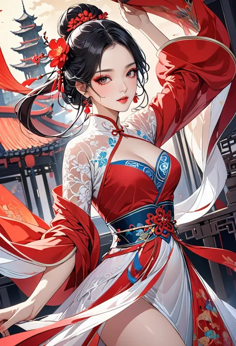  A Beautiful Woman 、 image of the dancer in the Chinese period drama Lou Ge、 white and red see-through dress 、Image of the stage inside the tower 、 perfect style dancer 、 with slightly darker makeup 、 vivid colors、 beautiful detailed illustration art 、 HD、...