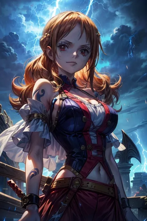 (最高 Masterpiece,  top quality, 4K, 8k,  high resolution, Masterpiece:1.2), Nami in One Piece,smile, big breasts,( paladin),Tattoo on left shoulder,Miracle,Power Spot, fantastic world, White Light Spot,(Make the Holy Sword stand out), She's on an adventure ...