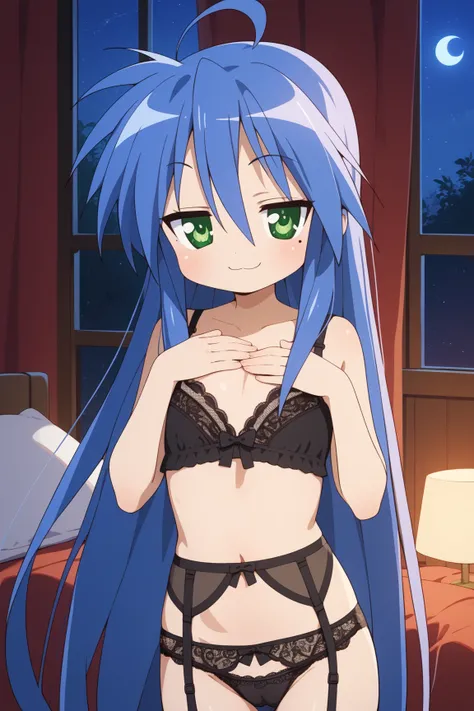 masterpiece,best quality,{{detailed beautiful face and eyes}}, very detailed background,
Konata Izumi,{{{megami magazine}}},very long hair,blue hair,ahoge,a mole,a mole under eye,hair between eyes,green eyes,flat chest,
((black Lace Bra,black Lace Panties,...