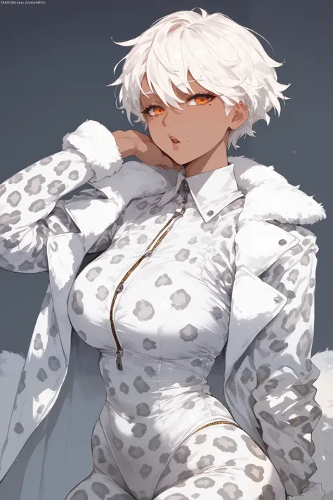Woman, dark skin,white hair, topknot, Short hair,Mole near the mouth, white leopard print suit, anime style, orange eyes