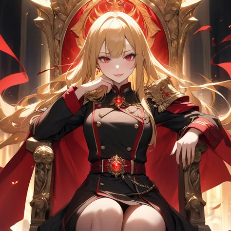 High resolution, high quality, HD, a beautiful age female with long, flowing golden blonde hair cascading straight down her back, sleek and unbound, exuding an aura of undeniable authority. Her piercing crimson-red eyes burn with a mix of arrogance, suprem...