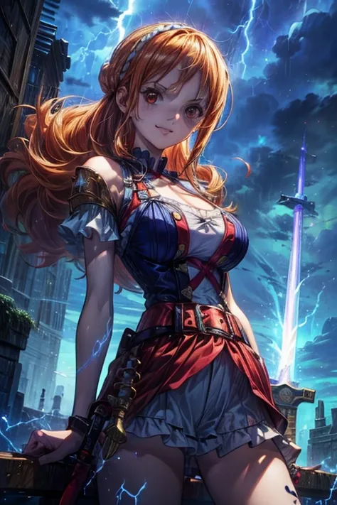 (最高 Masterpiece,  top quality, 4K, 8k,  high resolution, Masterpiece:1.2), Nami in One Piece,smile, big breasts,( paladin),Tattoo on left shoulder,Miracle,Power Spot, fantastic world, White Light Spot,(Make the Holy Sword stand out), She's on an adventure ...