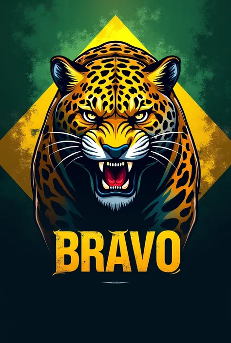  Create a platoon logo with an imposing jaguars, Use colors from the state of São Paulo ,  Brazilian flag ,  Use the word: " Bravo"