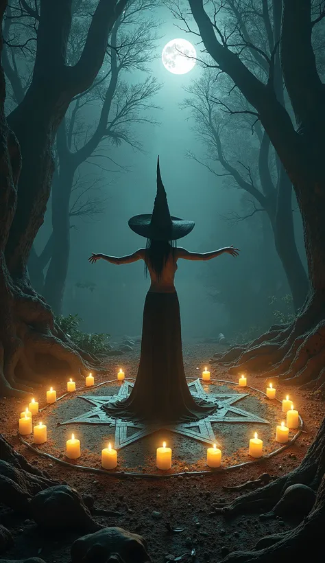 A naked witch woman wearing a witch's hat, In the dark dark forest at night, Doing a ritual, She's in the middle of a giant star cycle, with candles, Around the cycle