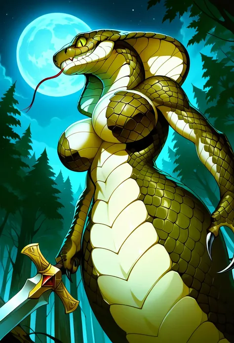 Anthro snake, Naga, claws, score_9,score_8_up,score_7_up,score_6_up, realistic, detailed background, atmospheric lighting, late night, moon, desolated forest background, BREAK countershading , cinematic_angle, Snake girl, dark green body, dark green scales...