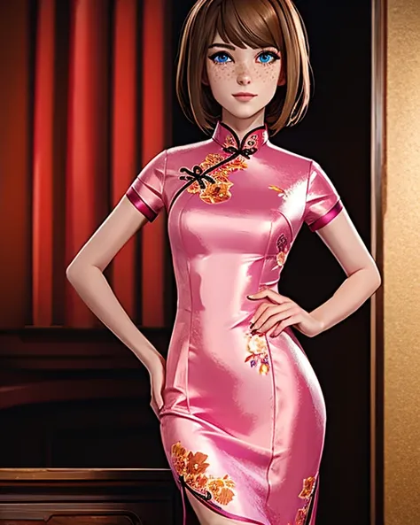 max caulfield elegant in a long cheongsam BREAK (shiny satin pink cheongsam, turtleneck gown, highneck, straight fabric, floral pattern cheongsam, short sleeves) BREAK (slim body) BREAK (ochre hair) BREAK looking at viewer (beautiful eyes, freckles) BREAK ...