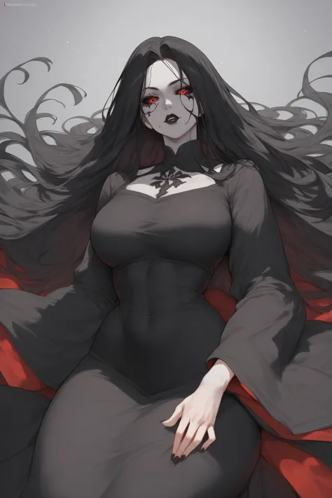 Woman, black dress, long sleeved dress, wide sleeves, gray skin, black lipstick, long hair, black hair ,black cracks on face,,Anime style,Red eyes ,Black sclera, 