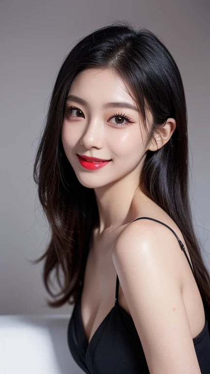 ( Japanese,32K, RAW photo:1.1),( highly detailed skin :1.1),  8k uhd, dslr,  High Quality,  film grain, (makeup, Mascara:1.1), Clear color correction ,  Korean,  Twentysome-age beauties,Long hair, A bright and big smile,  red lips,  bright skin without sha...