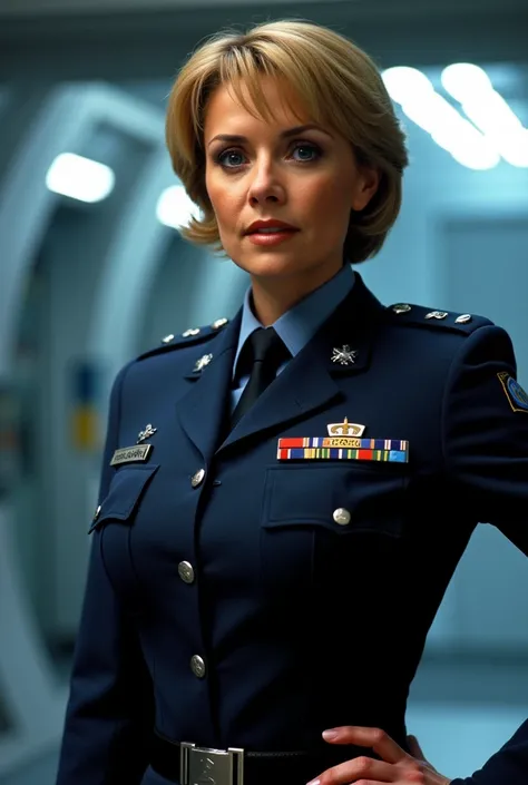 Samantha carter, wearing stargate uniform.high resolution, HD model,  high quality,  tall details ,, large breasts, blush,  blue eyes,  smile,  Dutch plane ,  blond hair, 