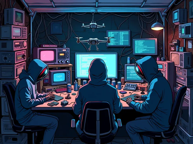 Generate a high-resolution digital illustration in a dynamic manga style, depicting a late-night tech gathering in a dimly lit garage. Three anonymous tech enthusiasts sit around a heavily cluttered table, their faces obscured by dramatic shading, hoodies,...