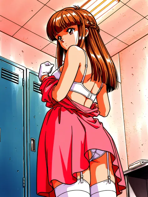 Megumi Mikihara, 1girl ,Alone,gloves, Retro ArtStyle ,1990s (style),  vector art, brown hair, long hair, dress, bangs, braid, brown eyes, blunt bangs, own hands together, white gloves, looking away, short sleeves, pink dress, french braid, traditional medi...