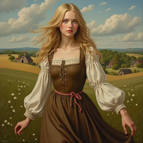  masterpiece ,  Oil paint of Guinwen as a peasant girl, 8K, 1 girl, realistic  Oil paint,  pretty face,  Gesicht von Guinwen ,  realistic oil painting ,  photo,  blond hair ,  blond hair , gray eyes,  visible size , big breasts ,  huge breasts ,  hair impl...