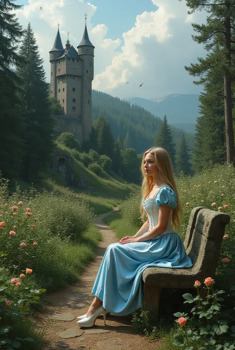  clearing in the deep fir forest, old dilapidated castle ruins covered with mossy stones, Towers , Weg zur Burgruine, Lonely young woman sitting on bench in rose garden,  light blue silk dress, white corset , Tight laced on the waist, breast, white high-he...