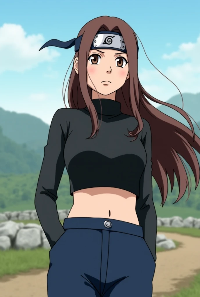 classic Naruto panel 
female with long brown hair with brown eyes 
wearing long black sleeve crop top with navy pants 
wearing headband on her neck 