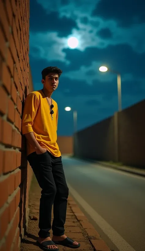 The image shows a night scene, where a young man stands alertly next to a brick wall. He is wearing a yellow open-necked shirt and black pants, with black sandals on his feet. There is a clear expression of fear or surprise on his face and he stands as if ...