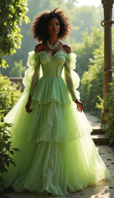 Photorealism, a young cute beautiful woman with dark skin and black eyes with short curly hair wearing a puffy huge and long victorian pastel green dress with long sleeve, and green heels  in a beautiful garden High Resolution, High Resolution, Best Qualit...