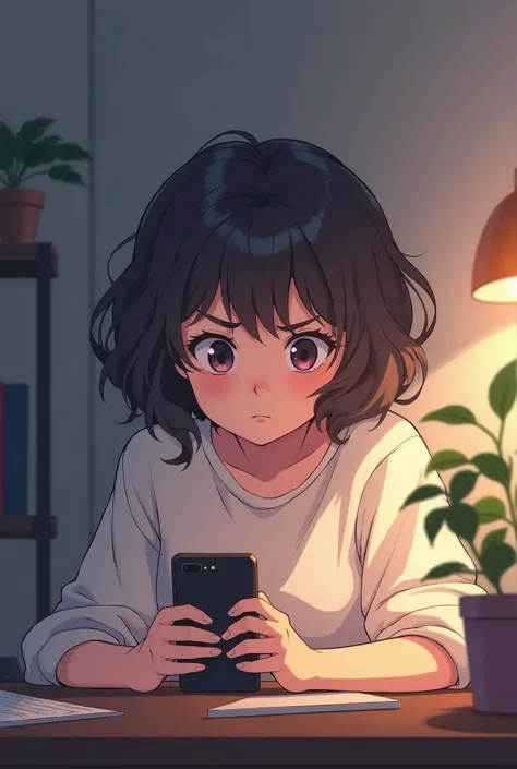 17-year-old anime girl with curly short hair using her phone with a bored face while lying on the table at home