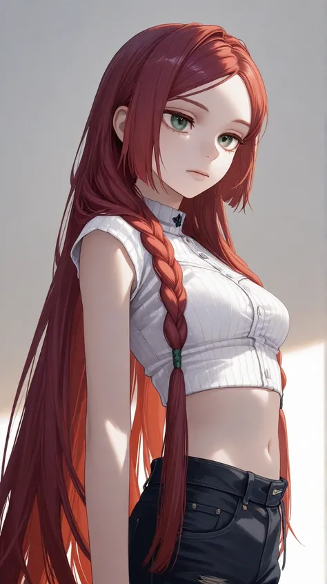 (Extremely detailed 8k unity ), A [female] with [dark red] hair, with only the very ends dyed in [white]. single braided faux bob. High-detail, soft lighting, and realistic texture., opal eyes, solo,  anatomically correct, medium breast (clothed),soft dark...