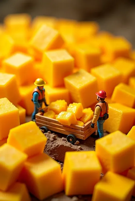 " A surrealistic scene showing a mango cut into cubes ,  forming a setting similar to a gold mine . In the center of the sleeve ,  there are small miniature workers dressed in safety helmets and mining clothes.  They push a wooden cart filled with pieces o...