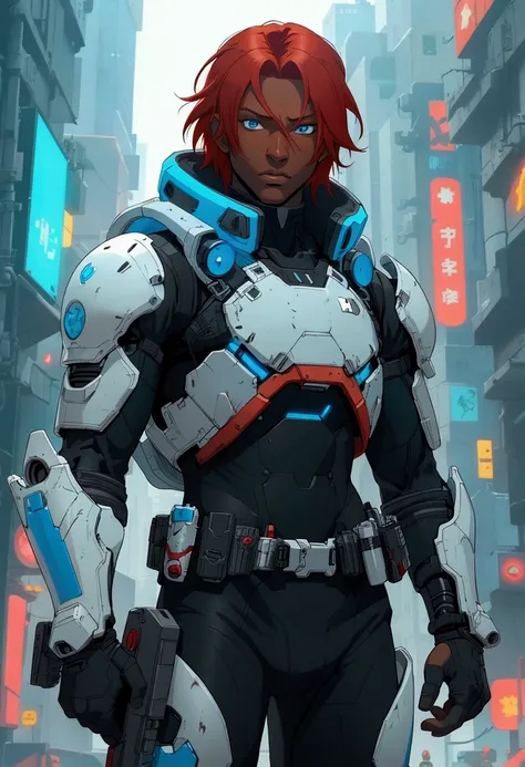 man, heroi, , light red hair , medium hair, light blue eyes, uniform white black and sky blue, realistic, cyberpunk. Arm right, , utility belt , tactical armor armor, body suit, dark-skinned, anime, young , hero engineer
