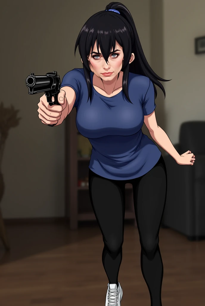 woman,  black hair with ponytail, blue blouse with sleeve,  black legging pants, white sneakers, Revolver in the hand , at home, with anger