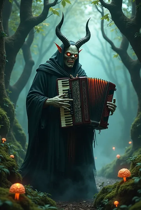 Demon man with a mustache playing the accordion in an enchanted forest