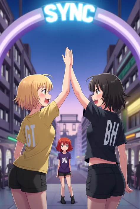 Two anime girls, one with short blonde hair and a golden t-shirt with "GT" written on it, and the other with long black hair and a black t-shirt with "BH" written on it, enthusiastically celebrating with a high five beneath a futuristic arch displaying 'SY...