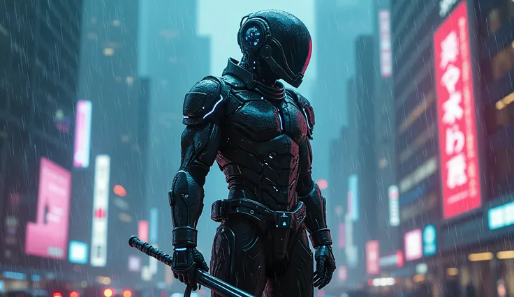 "A cybernetic warrior clad in black armor with glowing neon blue accents, wielding an energy sword, standing in the middle of a rainy cyberpunk city. Holographic billboards and flying cars fill the futuristic skyline. Raindrops reflect off the warrior’s me...