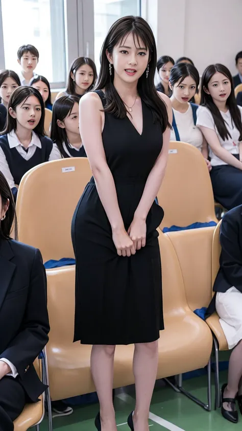 Female teacher pees、 female teacher pees at graduation 、Urinary incontinence、 pee yourself 、 lots of pee、Female teachers stand upright 、from below、gaze at the audience、 black suit、 black miniskirt、 high heels、 perfect figure、 so beautiful、Japanese elementa...