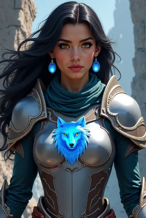  Paladin woman with wavy black hair. Brown skin,  yellow eyes,  thick eyebrows . Grey armor with white .  Blue wolf symbol on her chest . moon earrings