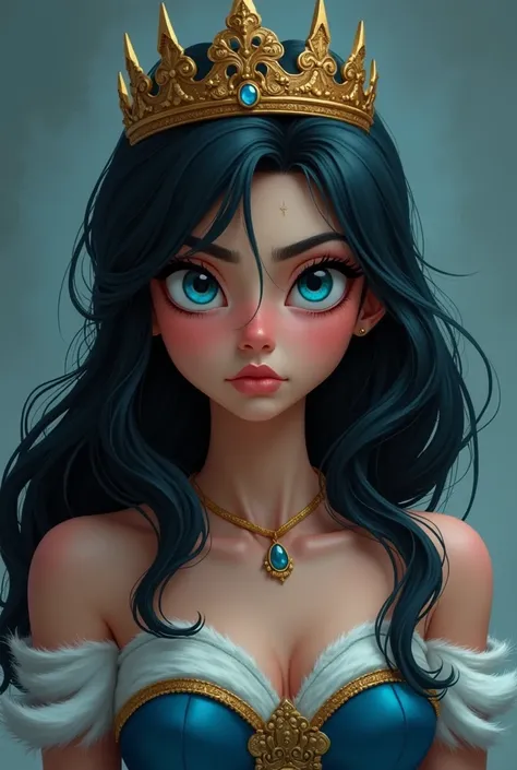  Create an image that can be used as a book cover ,  with a princess with a crown on her head ,  she has blue eyes and black hair , sardines on her nose ,  in the image she is wearing a torn dress and looking angry