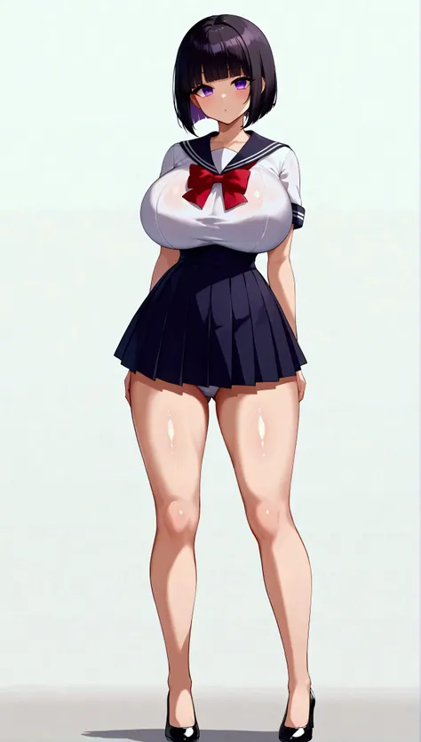 (one girl:1.5),(Best Quality,8K,High resolution,anime color:1.2),Black hair,bob cut,Purple eyes,Blunt bangs,thin waist,shiny skin,(sailor uniform,very short pleated miniskirt,panty shot:1.3),(White background:1.2),Looking at viewer,(huge breast,droopy eyes...