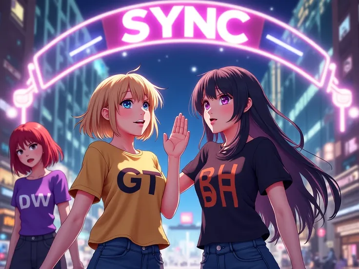 Two anime gorgeous adult women, one with short blonde hair and a golden t-shirt with "GT" written on it, and the other with long black hair and a black t-shirt with "BH" written on it, enthusiastically celebrating with a high five beneath an arch displayin...