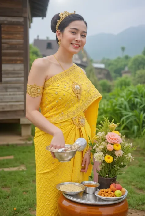 8K high definition close-up shot of a morning scene in rural Thailand. There is soft morning sunlight with a little fog. Behind is a Thai-style wooden house in the countryside. A naturally lovely 18-year-old Thai girl, smiling seductively, her lips slightl...