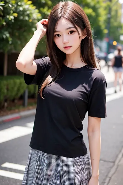 cute girl with long brown hair. Posing in black tee-shirt and skirt