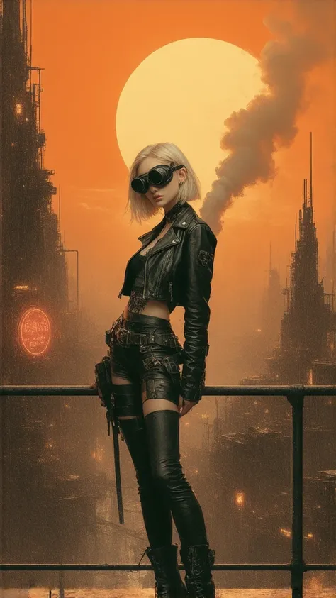 A detailed digital portrait of a gorgeous beautiful stunning blonde Miss Dieselpunk 2024 standing on a platform, overlooking a vibrant retro-futuristic cityscape. She emanates confidence in her stylish outfit, combining industrial leather, metallic studs, ...