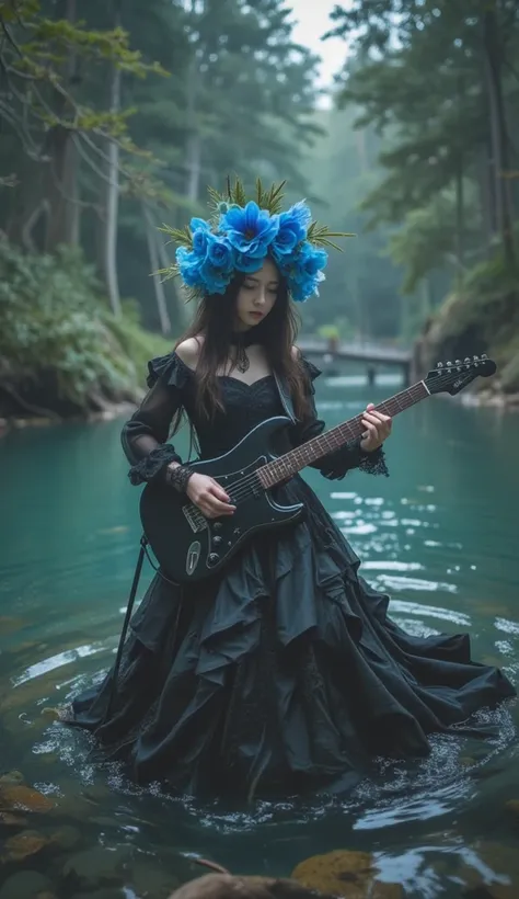 In the center of a serene forest lake stands a gothic girl, clad in a long, flowing black dress adorned with a wreath of vibrant blue flowers. With an electric guitar in her hands, she exudes an air of mystery and power. The scene depicts a haunting yet en...