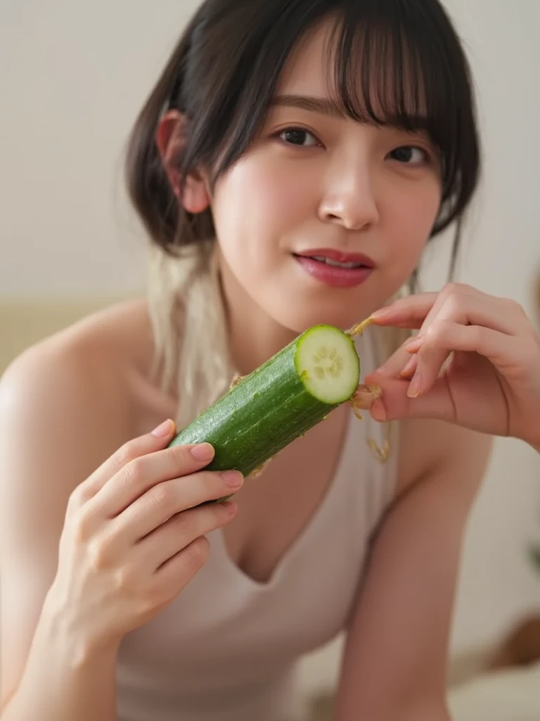   18 year old asian , ((I'm holding a cucumber)) ,  ((( a pink cucumber with prominent streaks ))) ,   a cucumber the size of her mouth  ,   20 cm long cucumber  , Thick cucumber   ,  (( from your pussy fingers:1.4)),  Drooling  ,   whitish transparent sli...